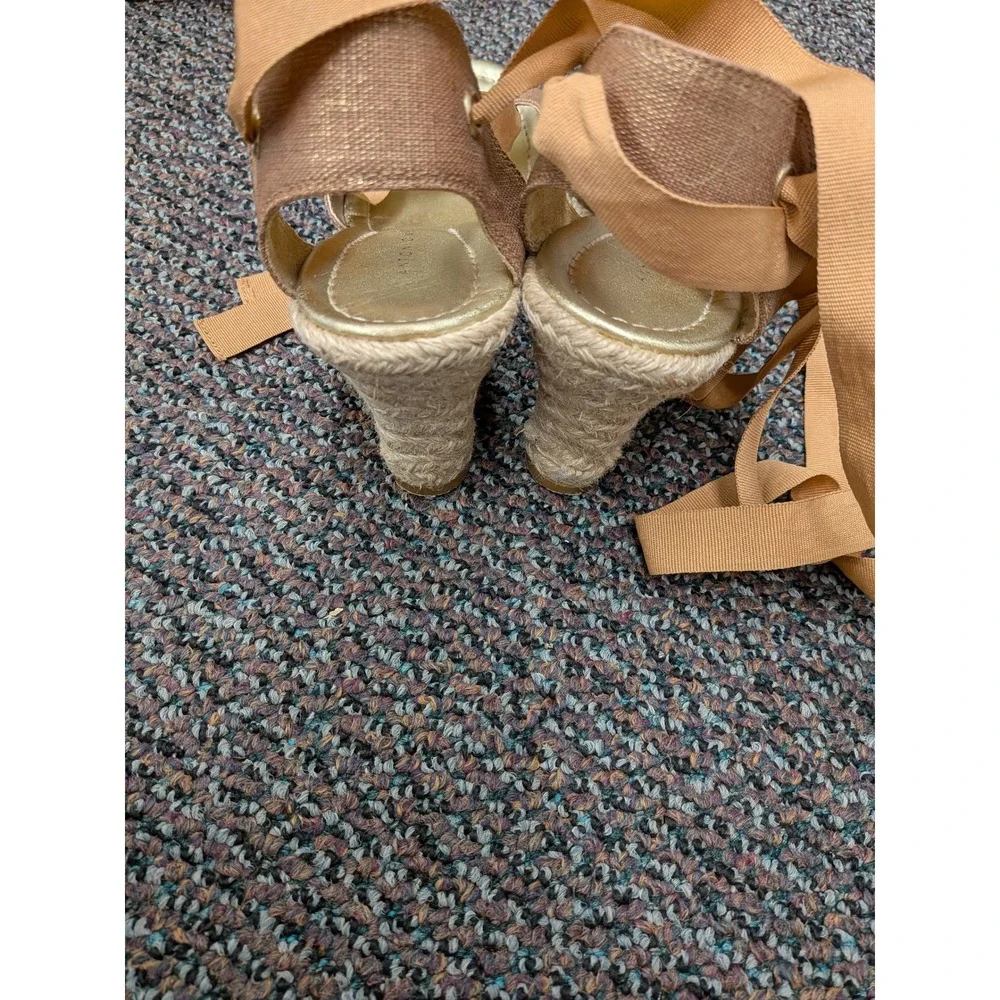 Antonio Melani Gold Metallic Espadrille Wedge Sandals Ribbon Lace Up Womens 7M